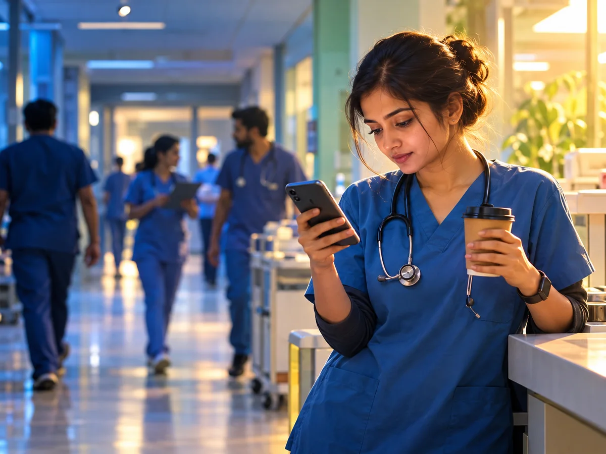 A young doctor in a hospital corridor during a night shift, studying a long seat list on her phone while holding a coffee cup, colleagues in scrubs passing in the background
