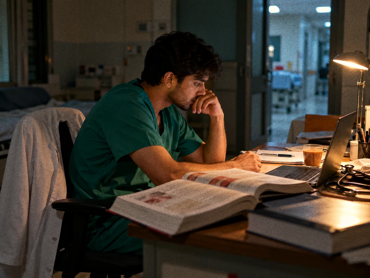 A resident doctor in green scrubs studying late in a hospital doctors' duty room, with a thick textbook open, a laptop and a cup of tea on the table and a white coat hanging on a chair