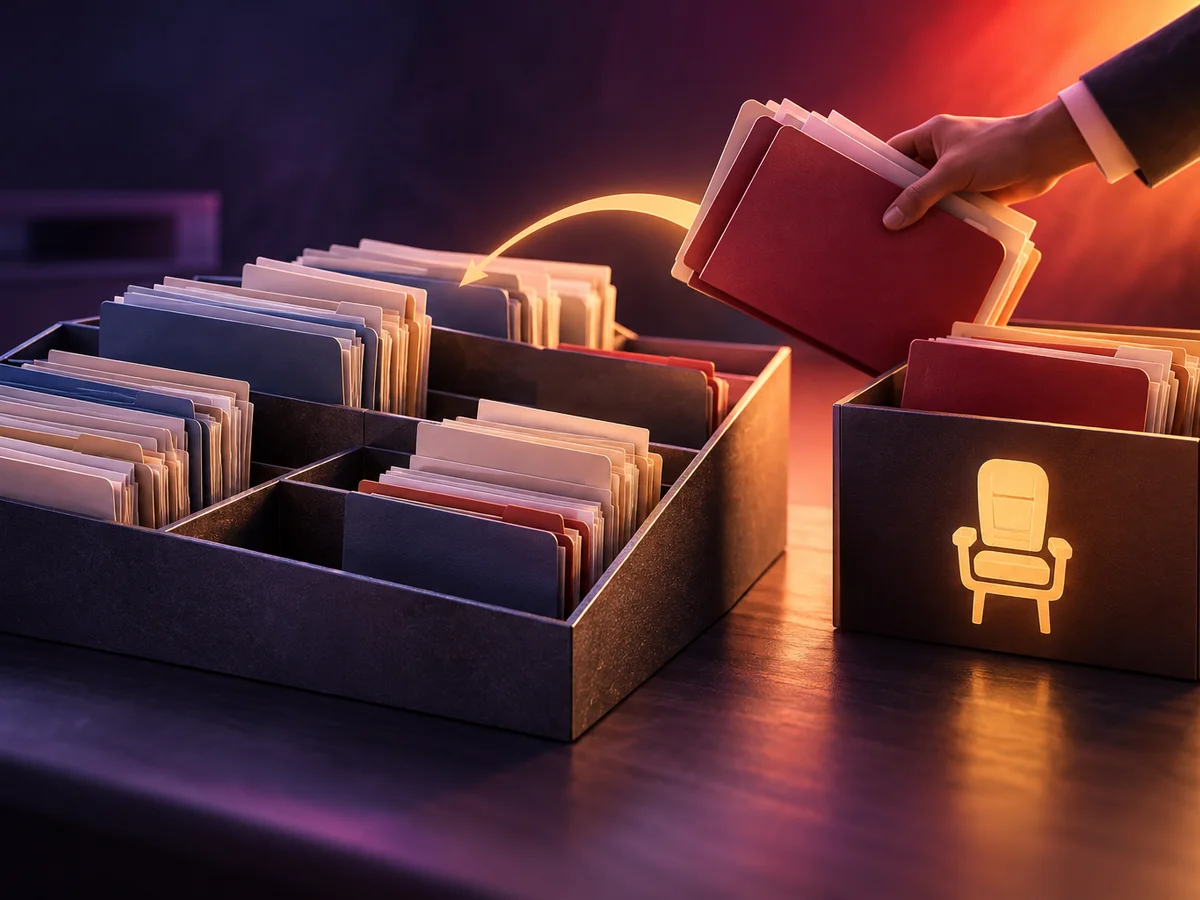 A sorting tray of admission files where some folders are being lifted out and moved to a separate box marked only with a seat icon, symbolising seats going back to the pool