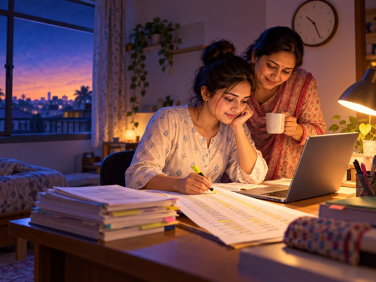 A young woman at a desk at night comparing a long printed list of medical college seats with choices on her laptop, a highlighter in hand and her mother watching over her shoulder