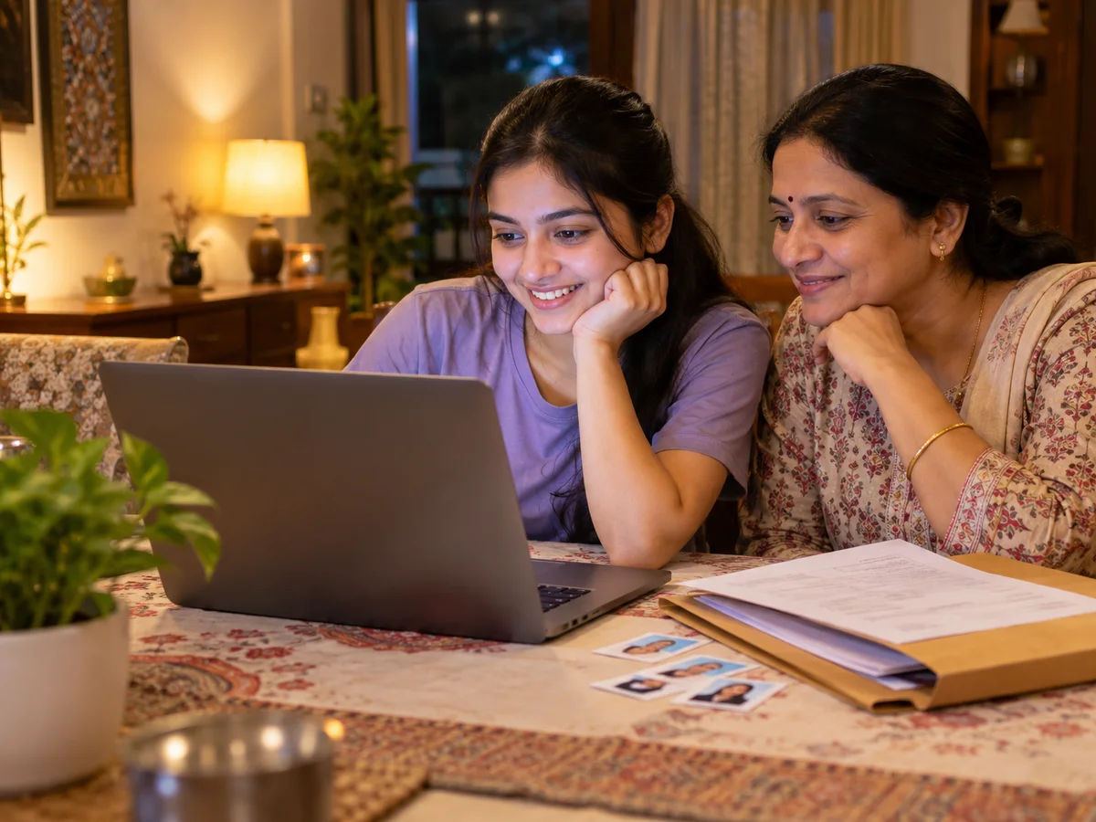 A NEET UG candidate and her mother checking a seat allotment list on a laptop at the dining table at home, a folder of certificates beside them