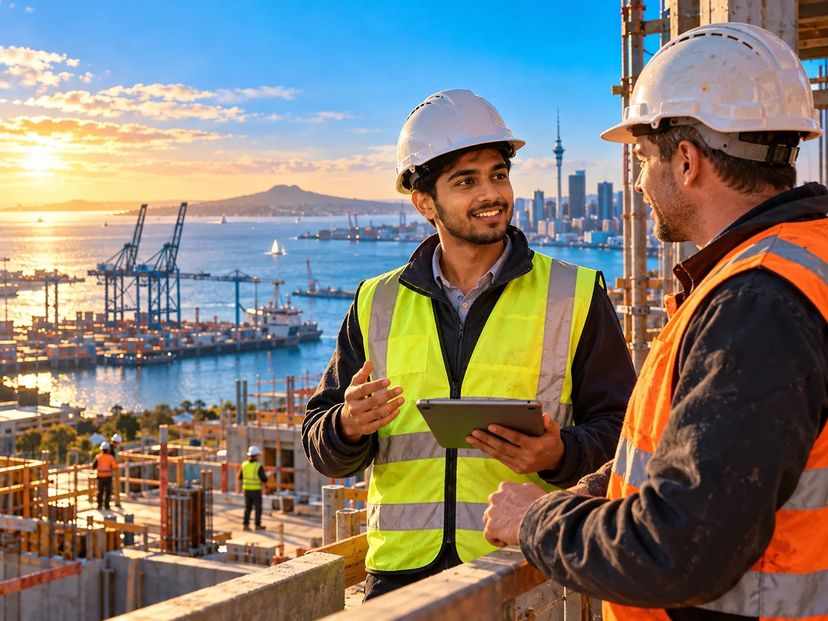 A young Indian graduate in a hi-vis vest talking with a site supervisor at a building project in Auckland, harbour cranes in the distance