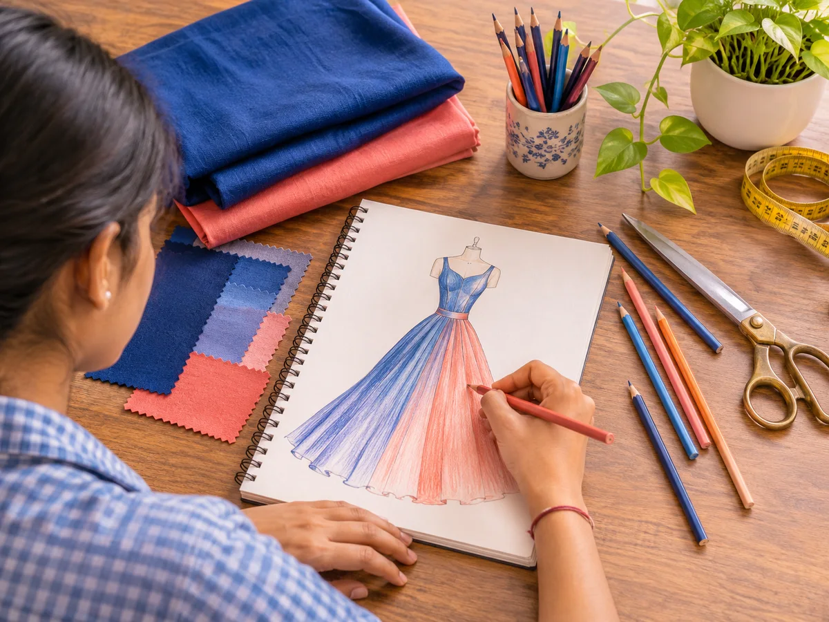 A Class 12 student sketching a dress design with coloured pencils at a desk covered in fabric swatches