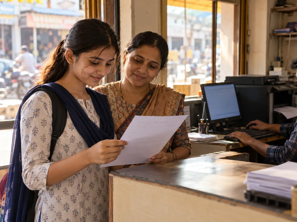 A teenage NIOS learner at a cyber cafe counter in an Indian town holding a freshly printed hall ticket while her mother looks on