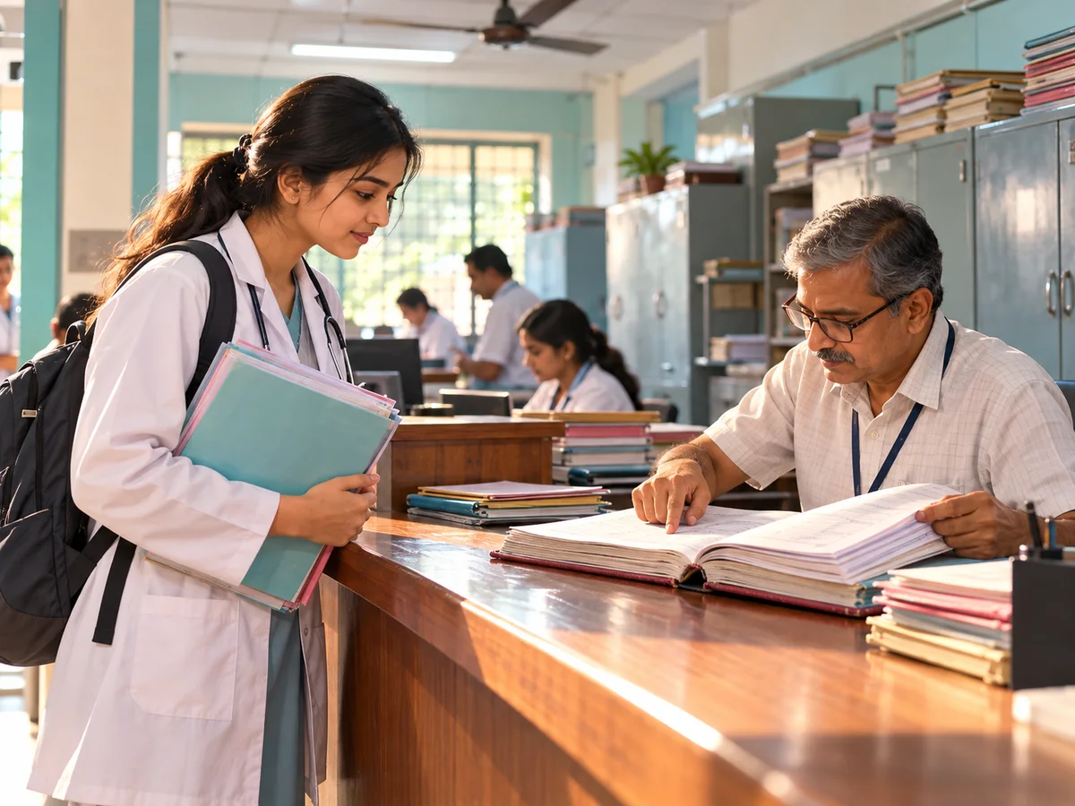 A medical student in a white coat at a university examination office counter, holding her admission file while an older clerk runs his finger down a thick bound register