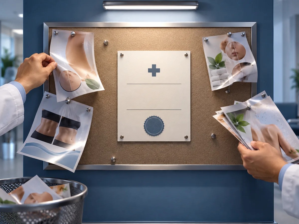 A clinic notice board being cleared: hands removing glossy promotional flyers and before-and-after photos, leaving only a simple plain card with clinic hours and a registration seal
