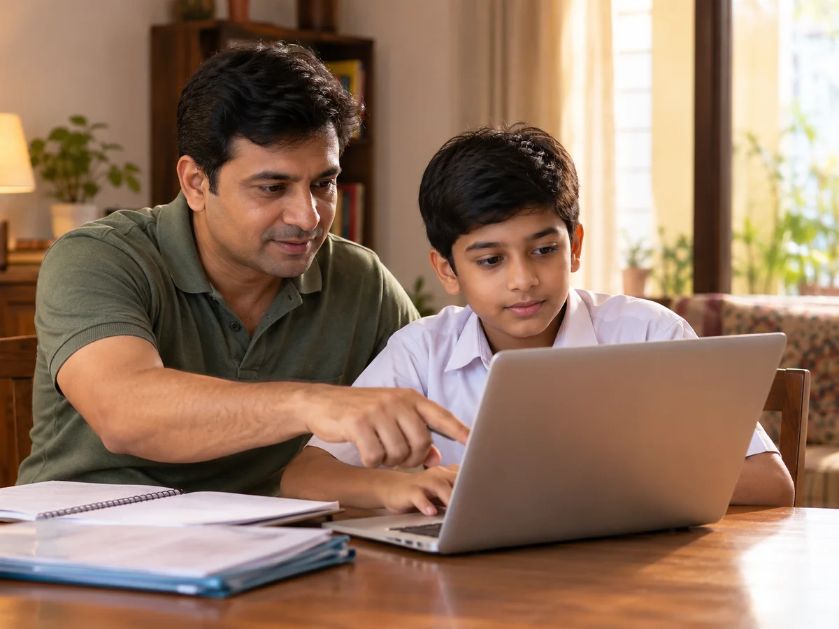 A parent and a young schoolboy in a neat uniform sitting together at a table with a laptop, completing an online application form