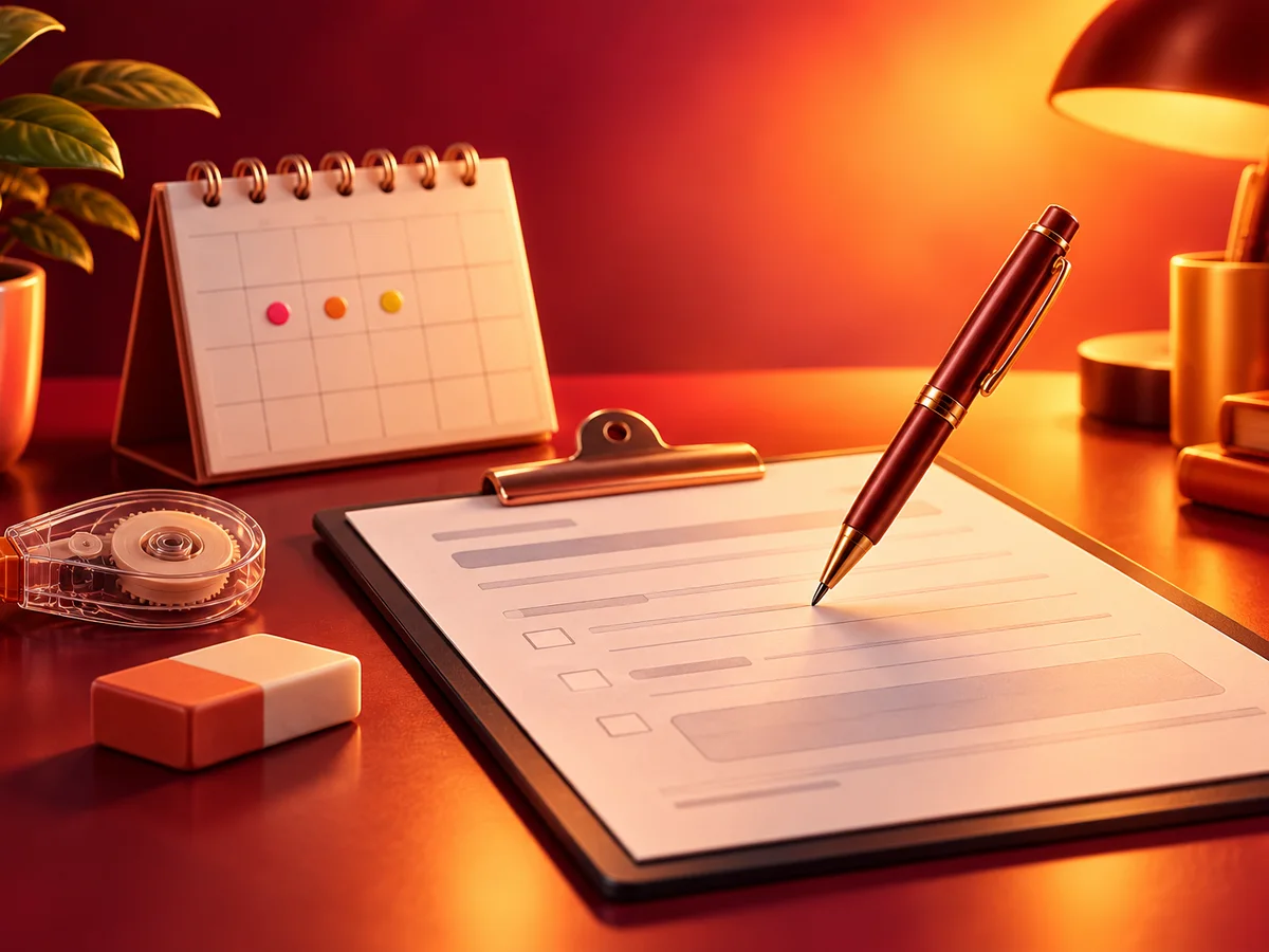 A pen poised over a paper form on a clipboard, with an eraser, correction tape and a small desk calendar with three days marked by coloured dots