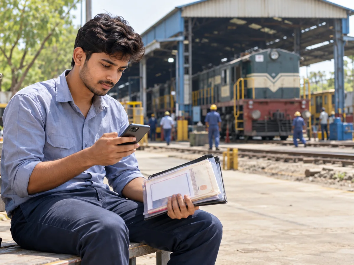 A young man in an ITI uniform shirt entering marks from his apprenticeship certificate into a form on his phone, with a railway workshop in the background