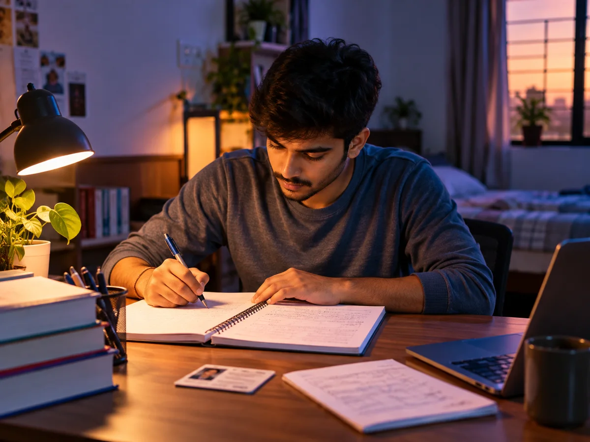 A diploma engineering graduate revising formulas in a notebook at a desk, with an Aadhaar card and a printed slip kept to one side