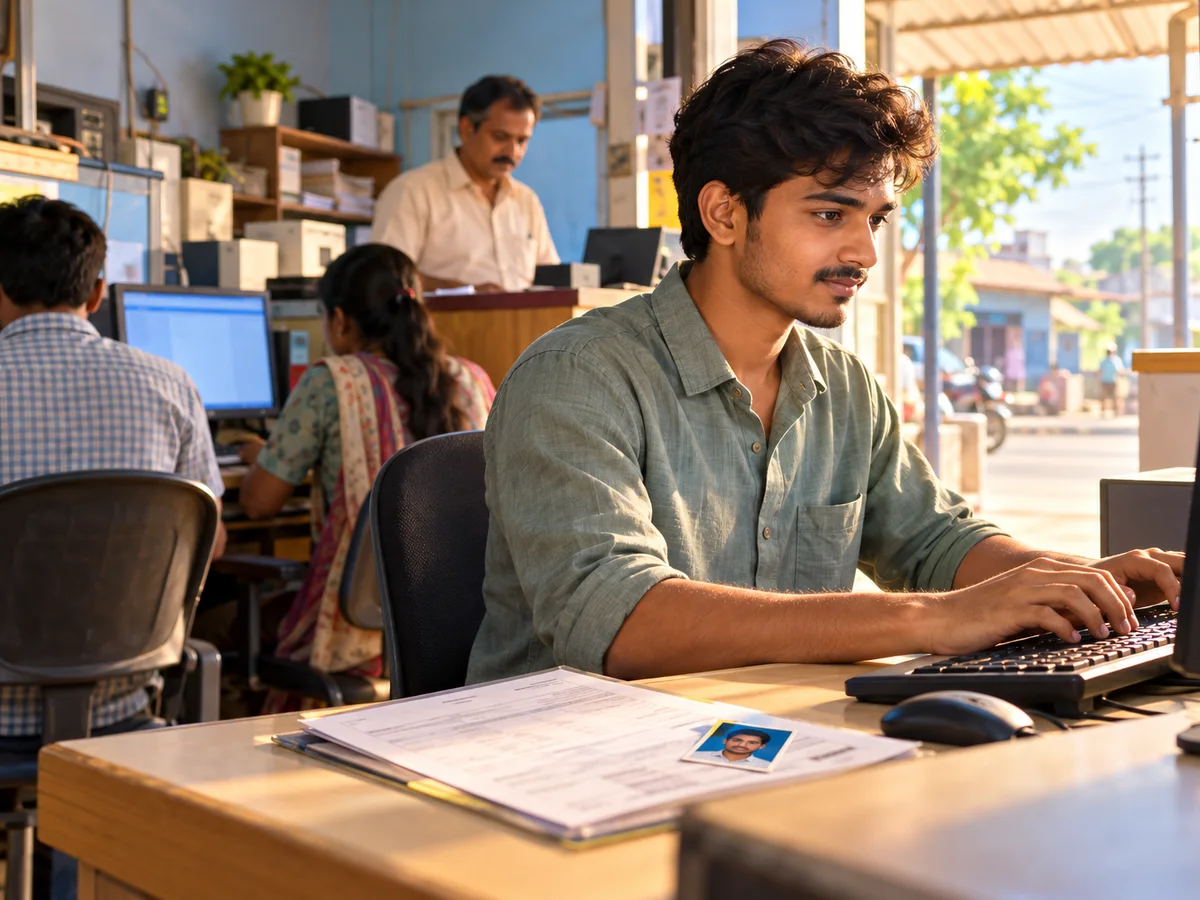 A young man in a small-town cyber cafe filling an online railway job application, a passport photo and his Class 12 marksheet on the counter beside the keyboard