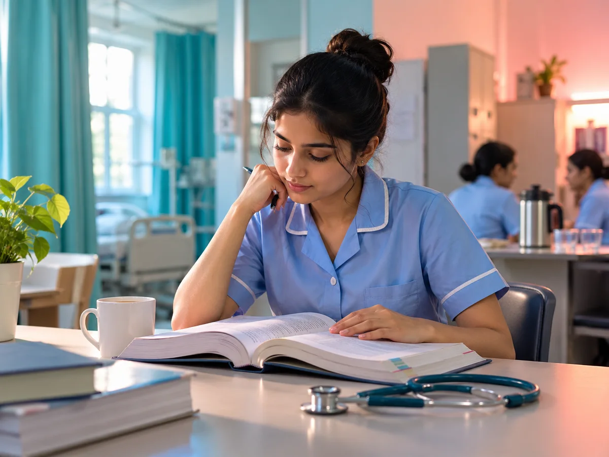 A young nurse in a light blue uniform studying from a pharmacology textbook in a hospital staff room during a break