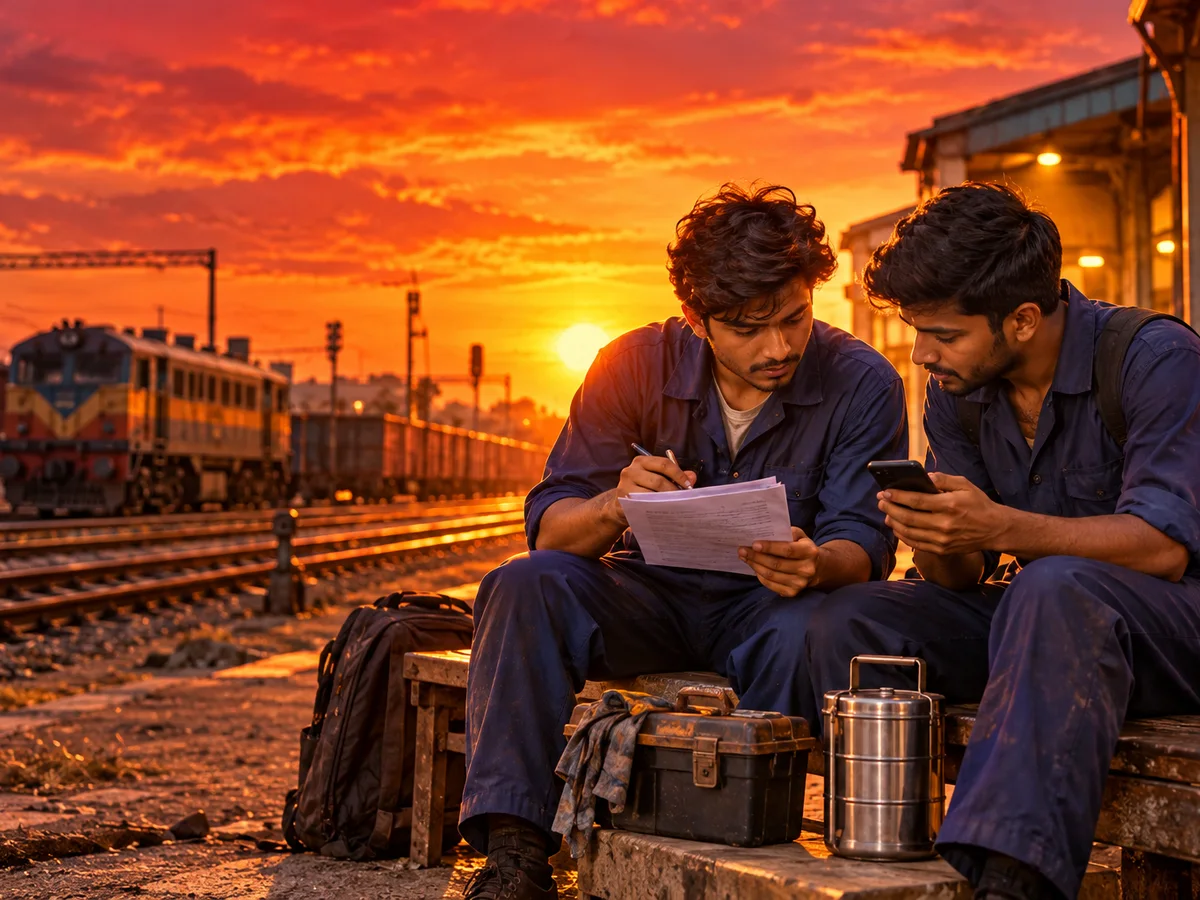 Two young ITI-trained friends sitting on a bench outside a railway workshop, one checking answers on a phone while the other counts on a printed question paper