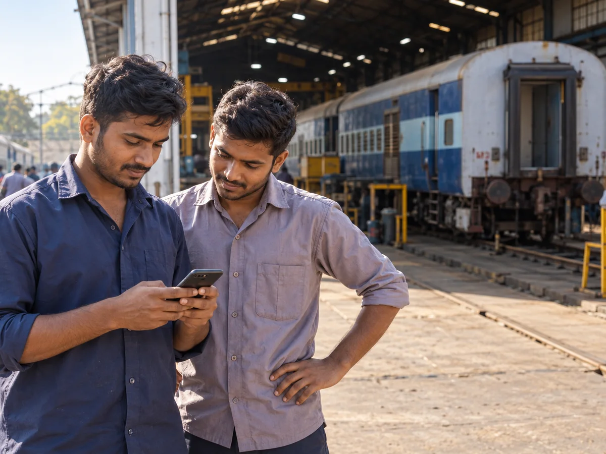 Two young ITI-trained men in work shirts standing by a railway carriage workshop shed, one reading an update on his phone while the other looks over his shoulder