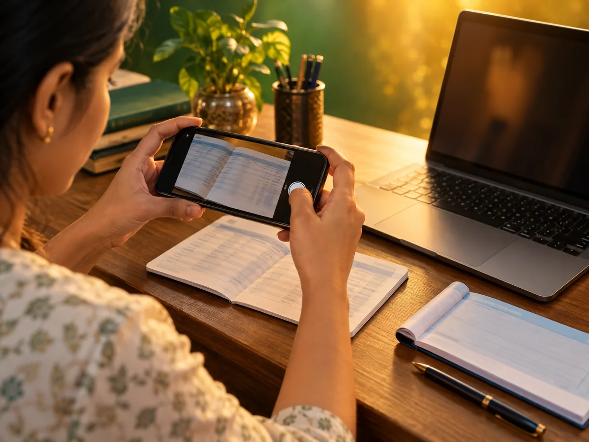 A young woman photographing the first page of her bank passbook with a phone on a desk at home, a laptop open beside her