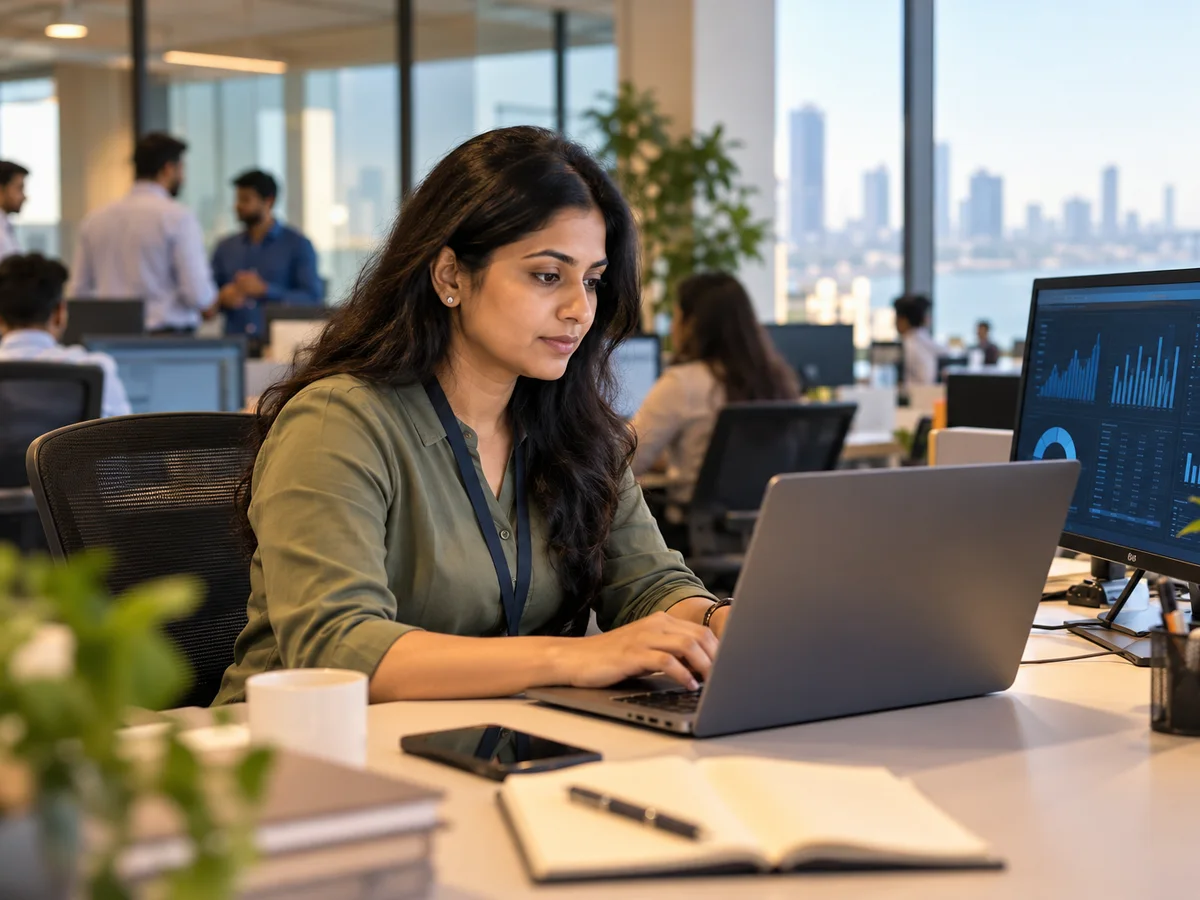 A woman in her thirties in office clothes working at a laptop with data dashboards on a second screen in a bank technology office in Mumbai