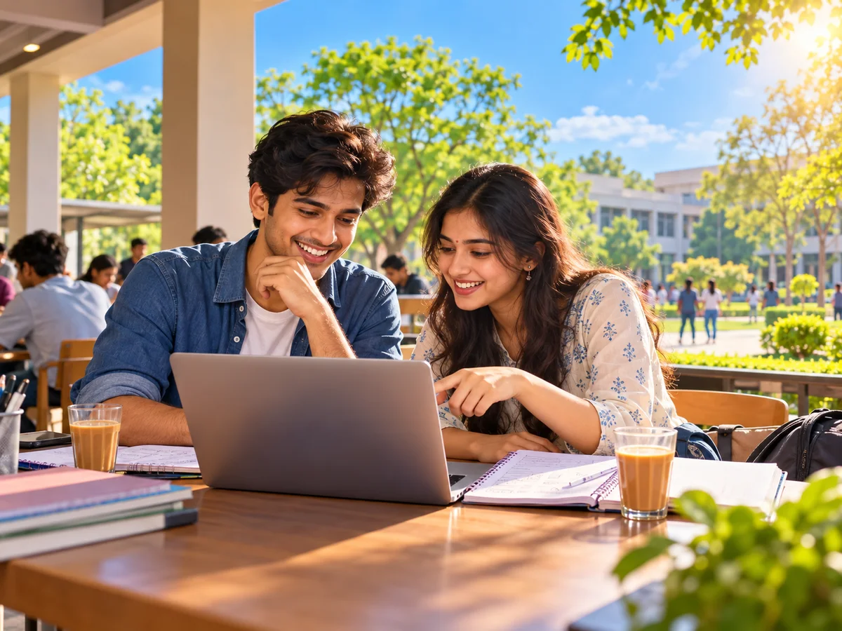 Two young graduates at a college canteen table comparing practice test scores on a laptop, notebooks of reasoning puzzles and glasses of chai beside them