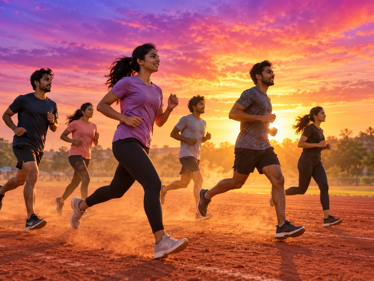 Young men and women running on a red mud track at dawn during physical training, seen from the side of the ground