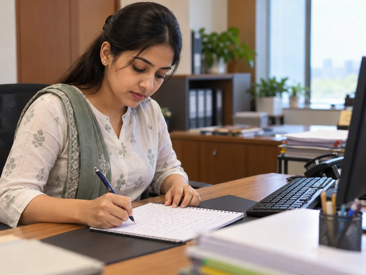 A young woman at a desk writing shorthand outlines in a notebook while a computer keyboard sits beside it