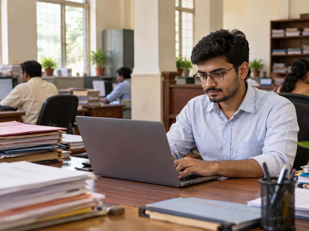 A software developer at a laptop with code on screen in a quiet government office