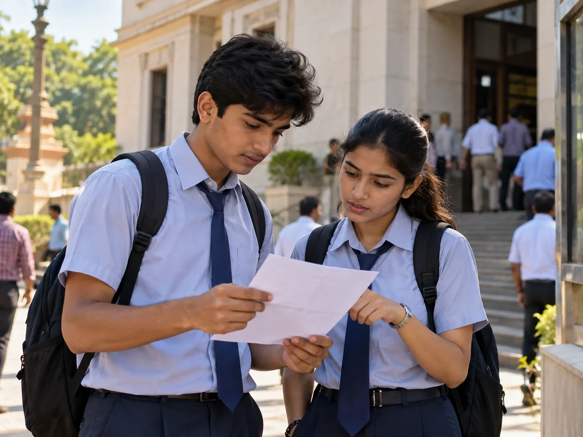 Two school leavers in uniform shirts reading a printed recruitment notice outside a government office