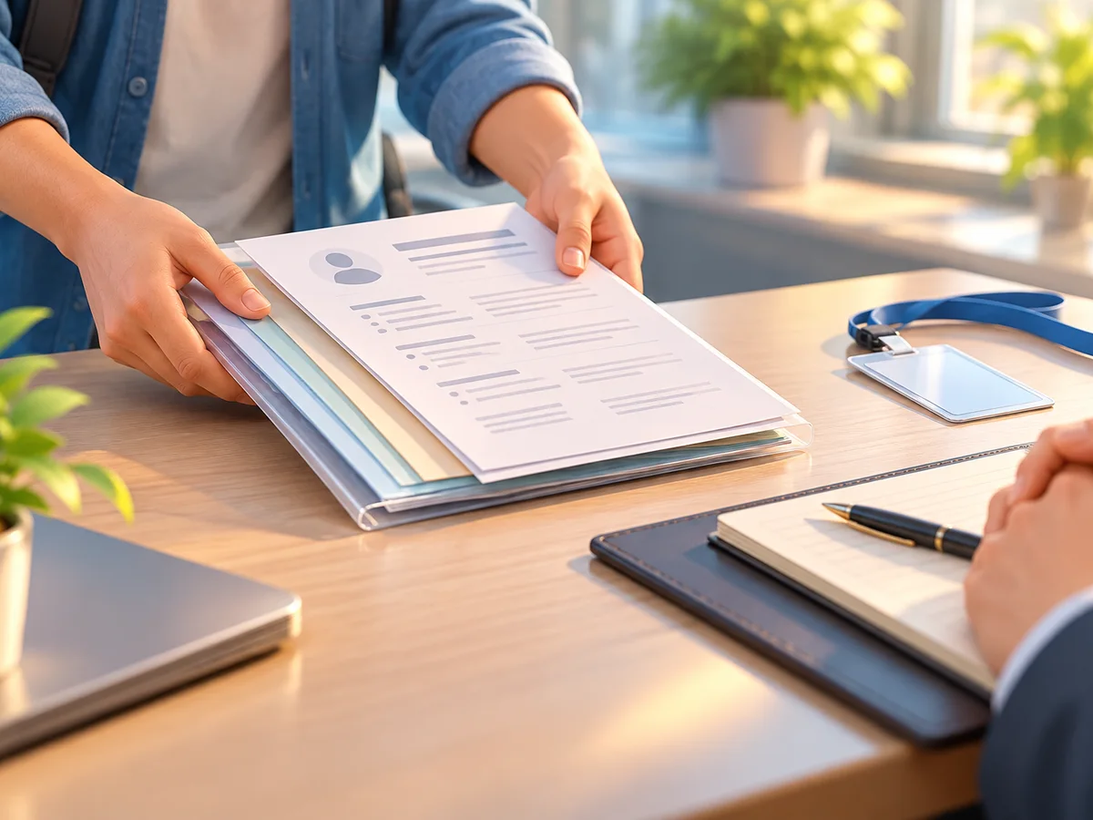 Close view of hands sliding a printed CV and a folder of marksheets across a table toward a recruiter's notepad and pen, a lanyard ID card resting nearby