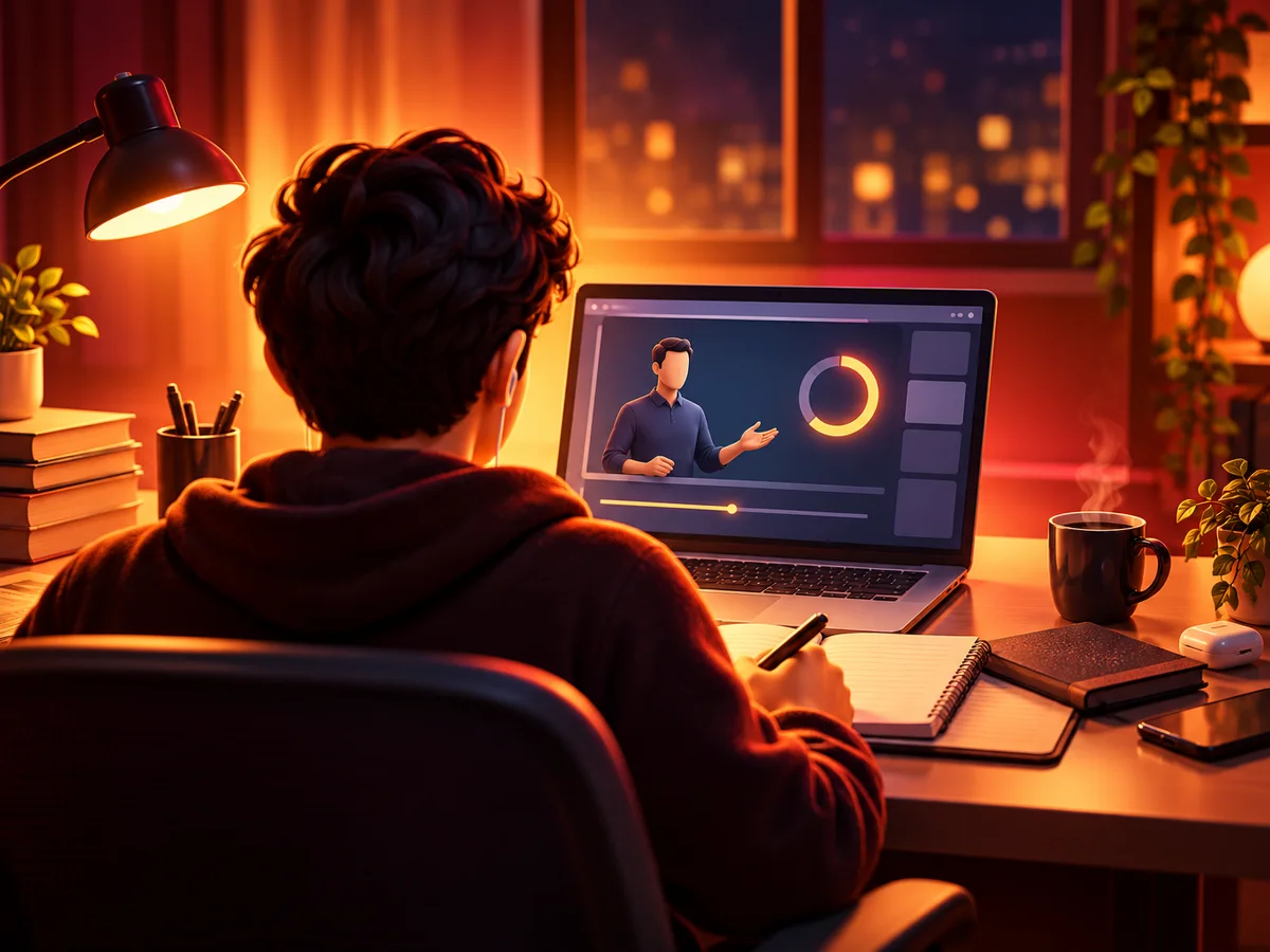 A student seen from behind studying an online course on a laptop at night, with notebooks, a mug and earphones, a glowing progress ring on the screen