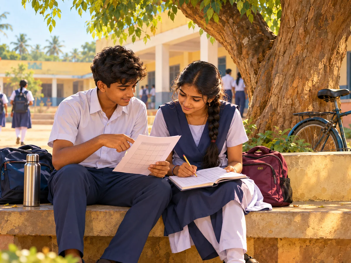 Two Class 10 students in a Tamil Nadu government school courtyard under a neem tree, comparing a printed exam timetable and marking dates in a notebook