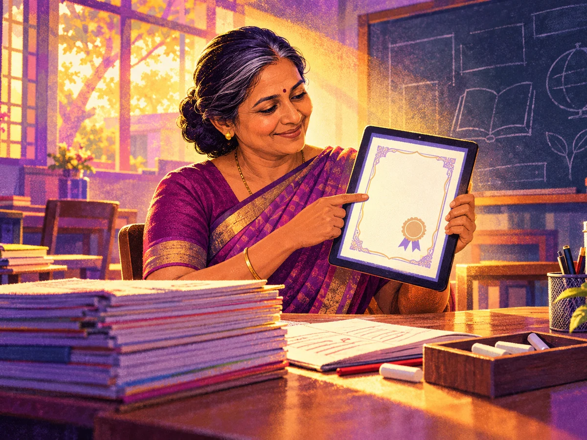 A middle-aged schoolteacher in a sari at a staffroom table after classes, smiling at a certificate on her tablet while exercise books are stacked beside her
