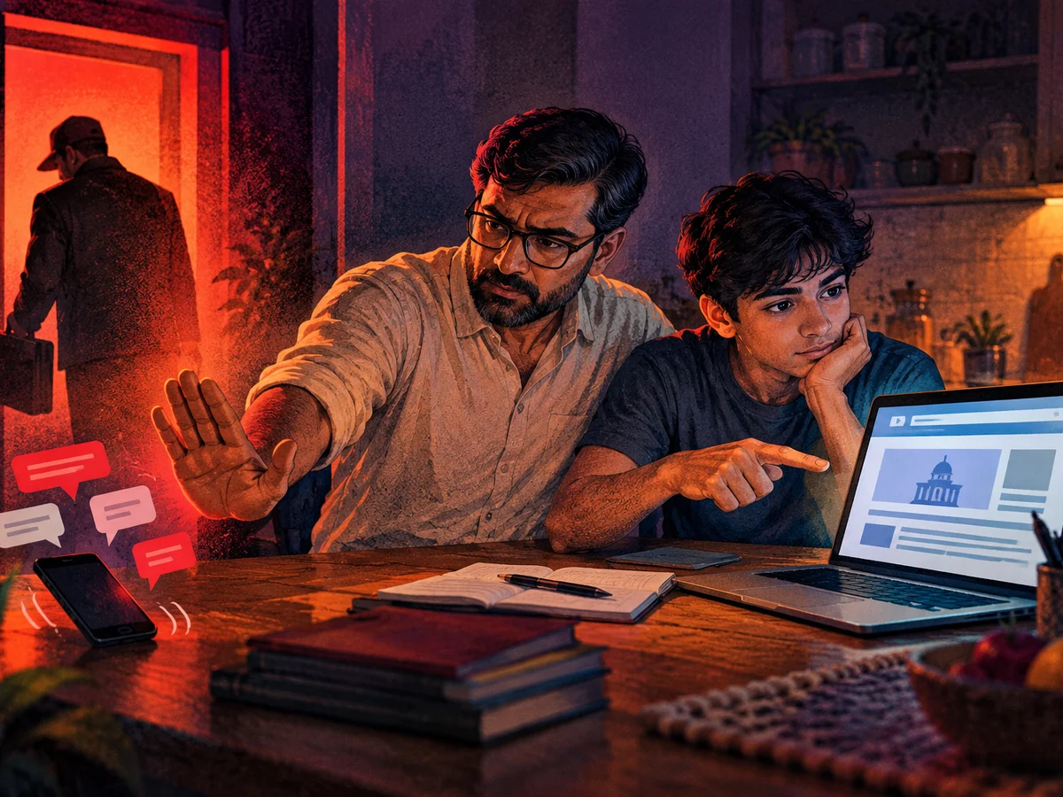 A worried student holding a phone showing a forwarded document with a large red warning symbol over it, while a parent points to a laptop showing a plain official website
