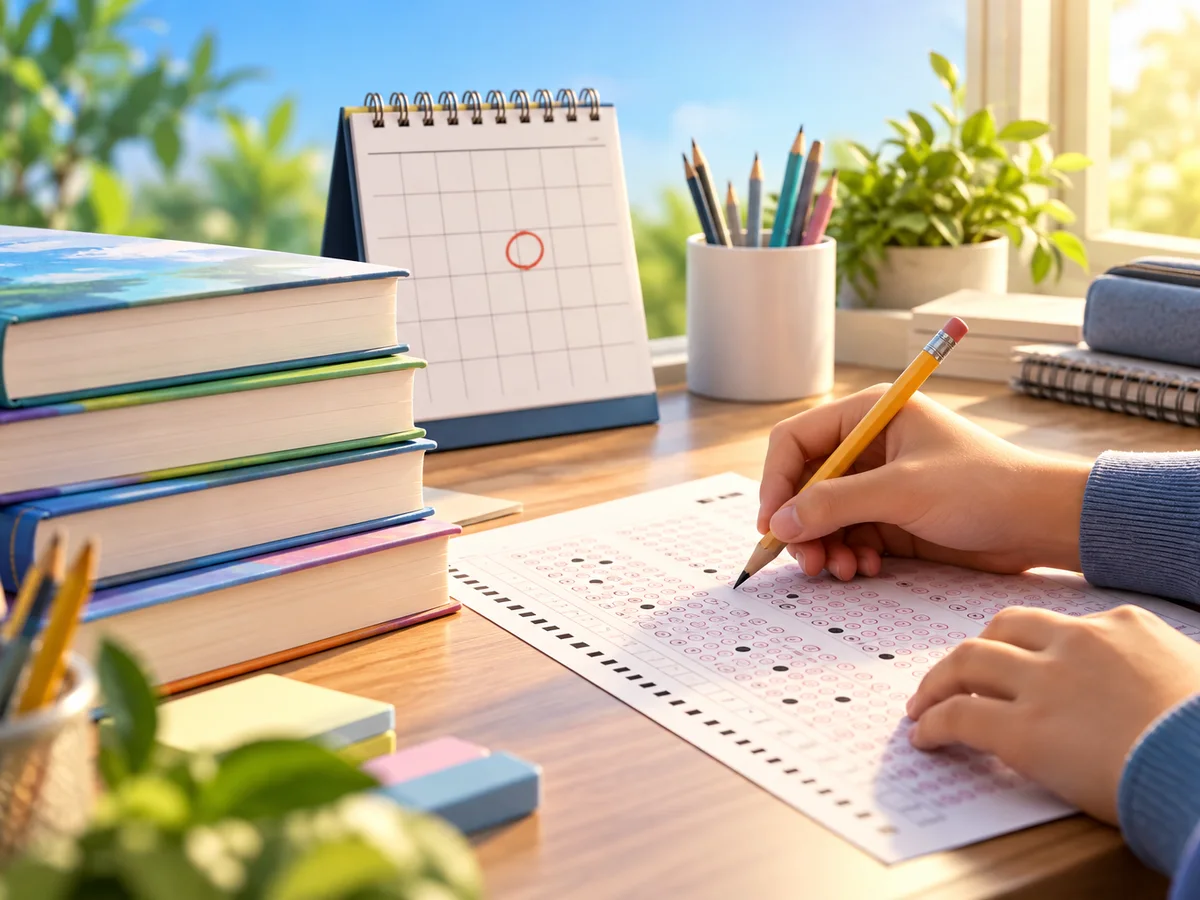 Close-up of a student's hands filling an OMR answer sheet with a pencil beside a stack of Class 10 textbooks and a wall calendar circled on a January date