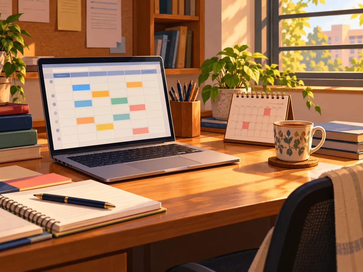 A desk with a laptop showing an exam schedule grid, a pen, a small desk calendar and a mug by a window