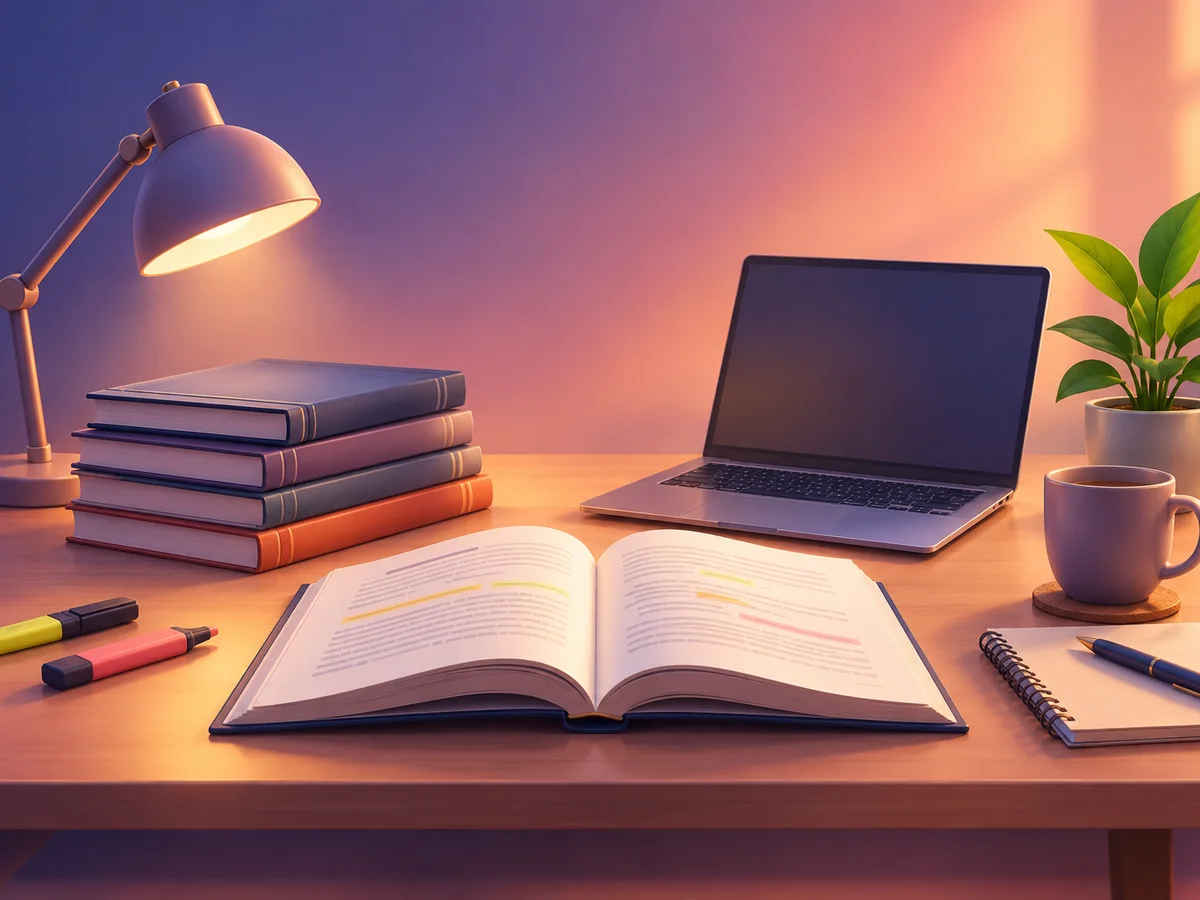 A research scholar's desk under a warm lamp: an open thesis draft, highlighters, a stack of journals, a laptop and a small potted plant