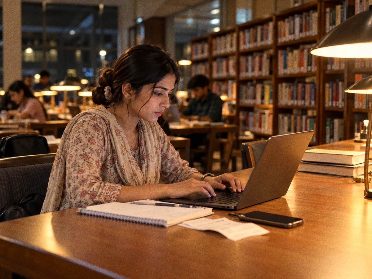 A postgraduate student in her twenties filling in an online form on a laptop at a university library table in the evening, with a notebook, a fee receipt printout and a phone beside her