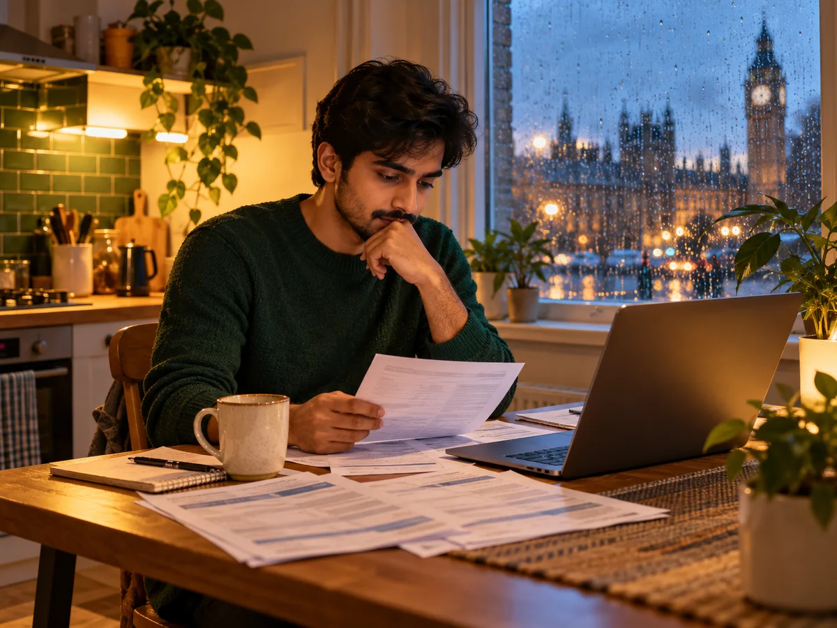 An Indian student at a kitchen table in a UK student flat, checking printed bank statements beside a laptop and a mug of tea, rain on the window