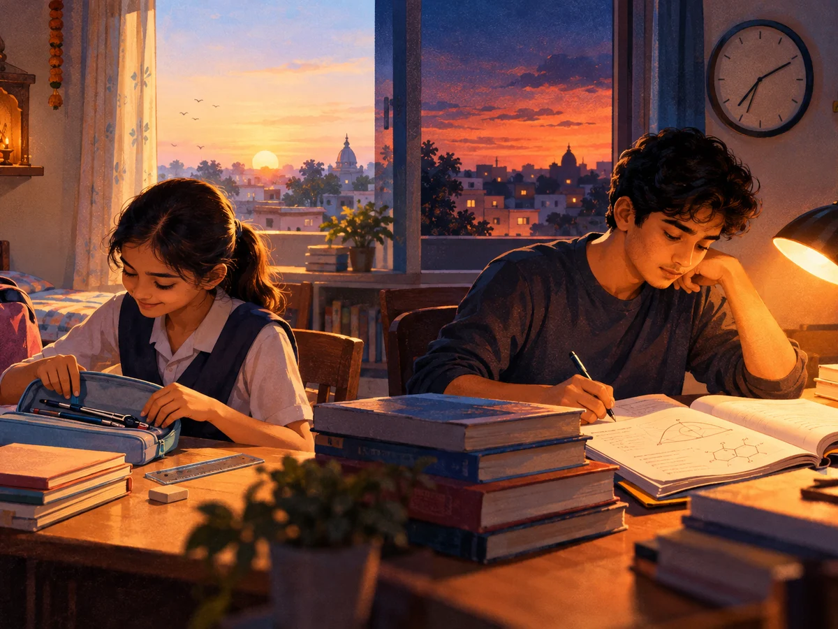 A Class 10 student at a study desk in a small-town home at dawn, marking February dates on a wall calendar beside a stack of Hindi and science textbooks