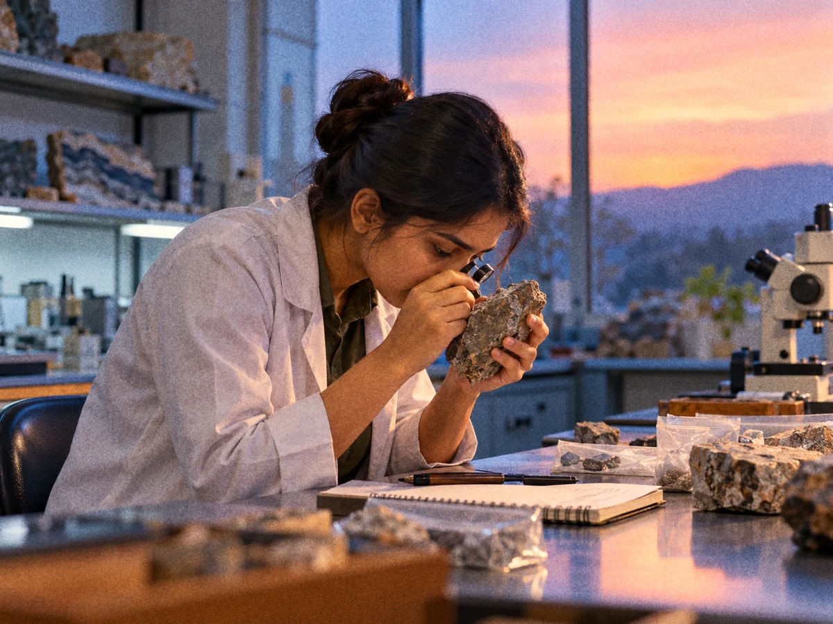 A postgraduate geology student in a university lab bent over a rock sample with a hand lens, a field notebook and labelled sample bags on the bench in soft window light