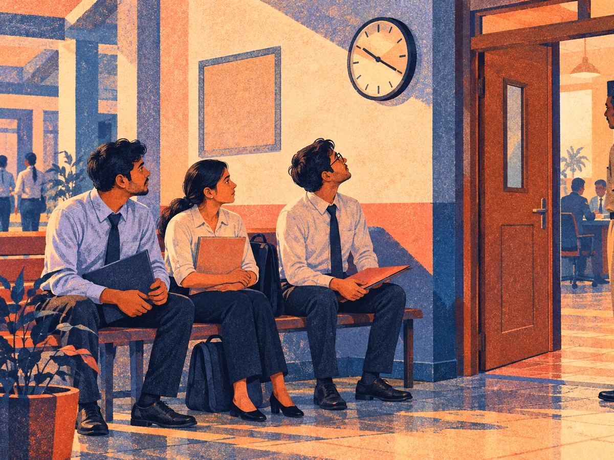 A young economics graduate in formal clothes waiting on a bench outside an interview hall with a folder