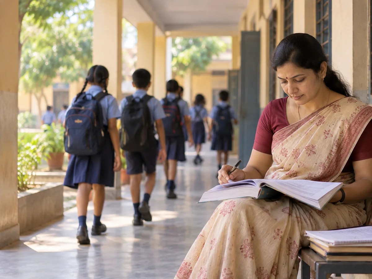 A teacher in a government school corridor studying a thick preparation book while students walk past in uniform