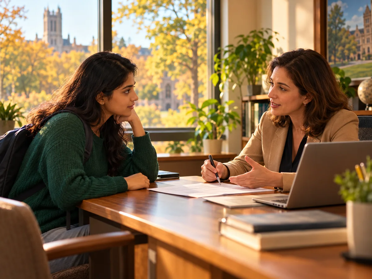 An Indian graduate student sitting across a desk from an adviser in a US university international student office, a printed form and a laptop between them