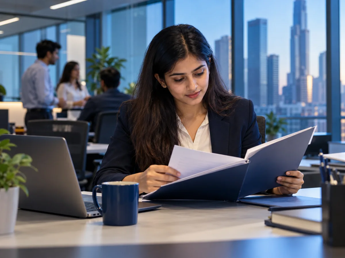 A young Indian software engineer in a US office reading a thick folder of employment papers at her desk, a coffee mug and laptop beside her