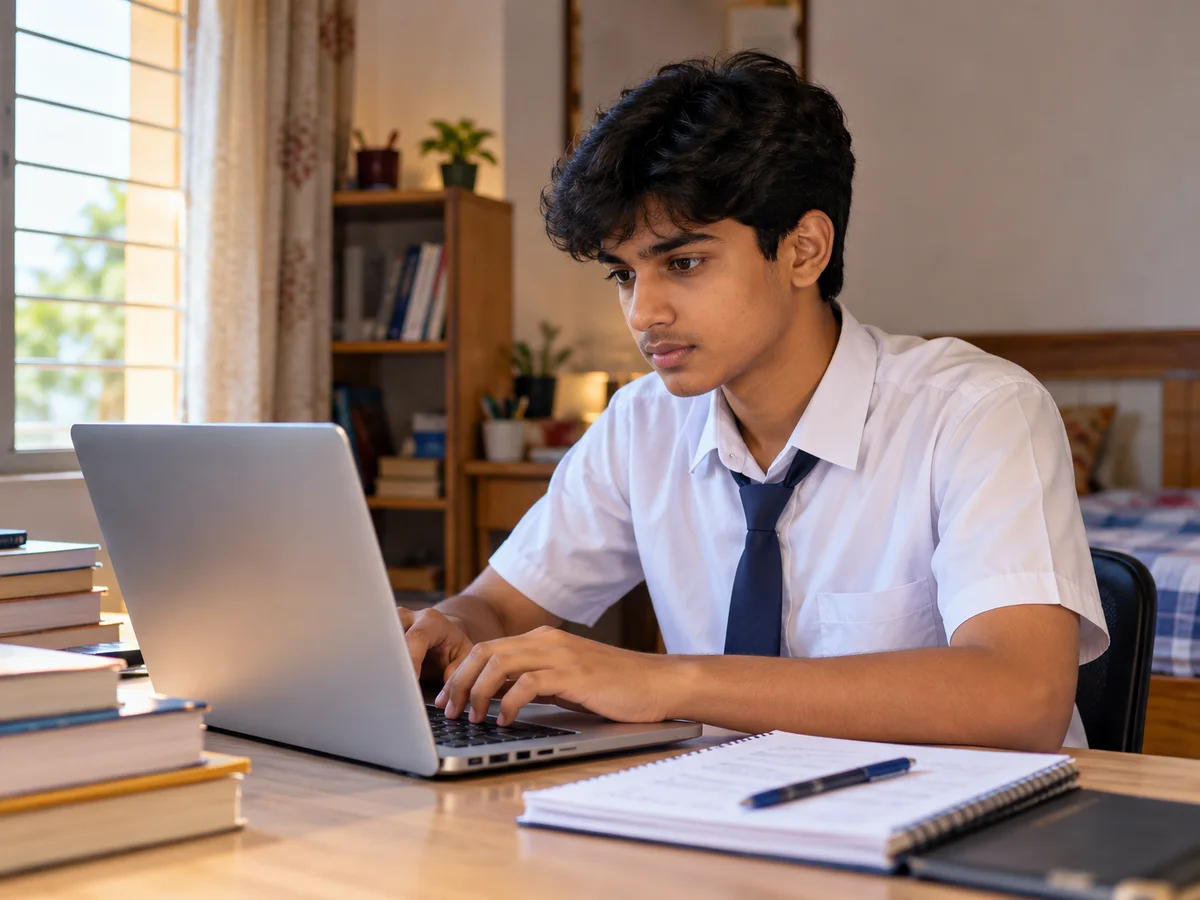A Class 12 student filling an online engineering entrance application form on a laptop at home