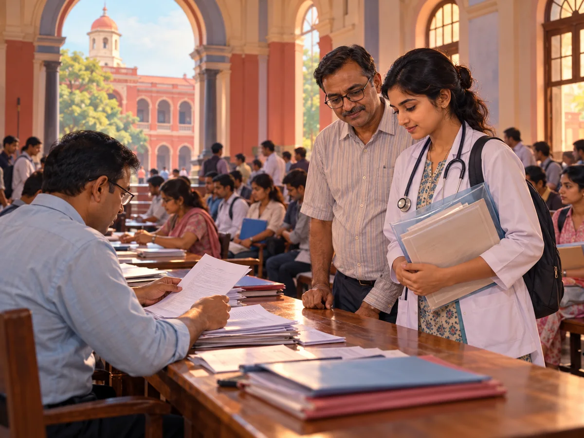 A young doctor and her father in a crowded verification hall at a Kolkata medical college, holding a folder of certificates while an official checks documents at a long table