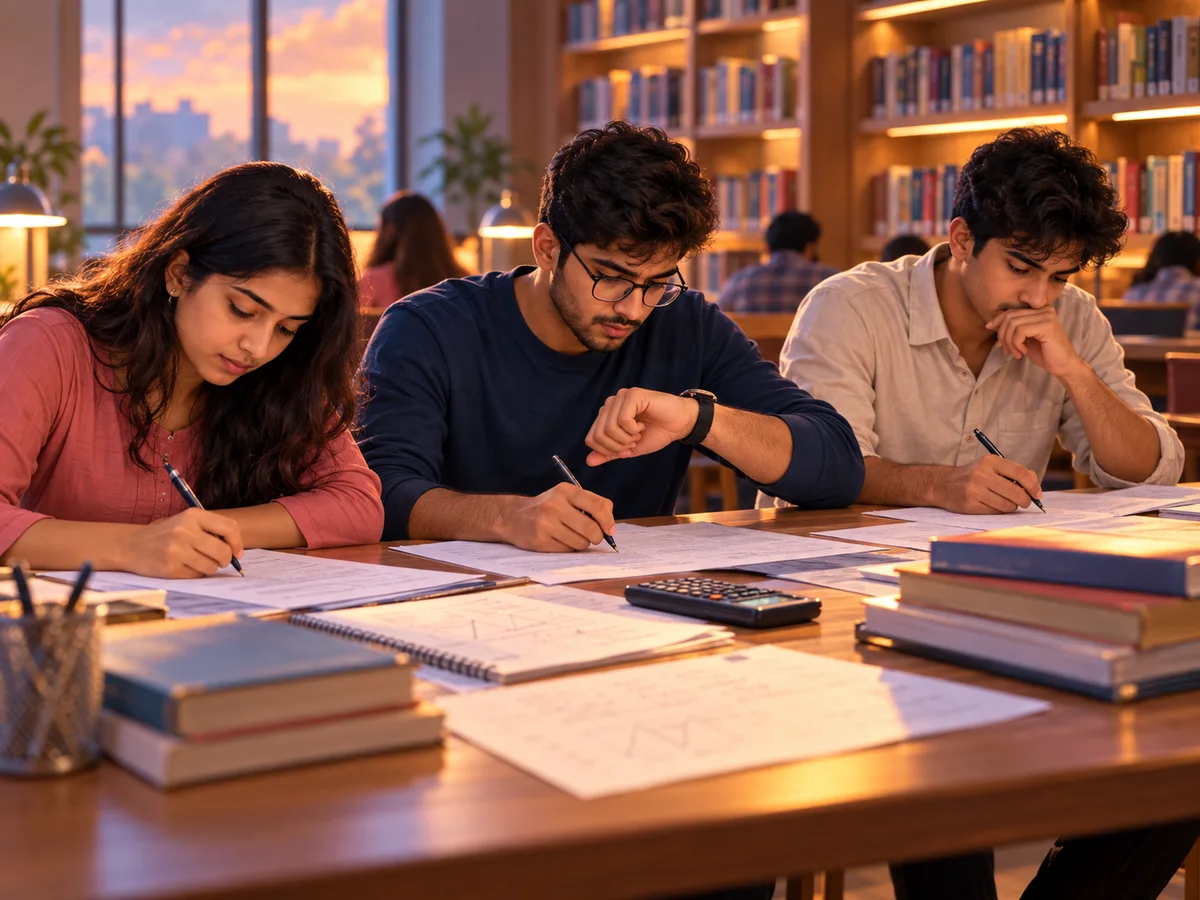 Three young MBA aspirants at a library table working through a timed practice paper, one checking a stopwatch, a calculator and rough sheets spread between them
